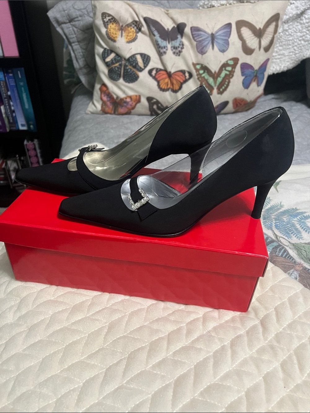 Black Pointed Anne Klein Pumps with Rhinestone Buckle